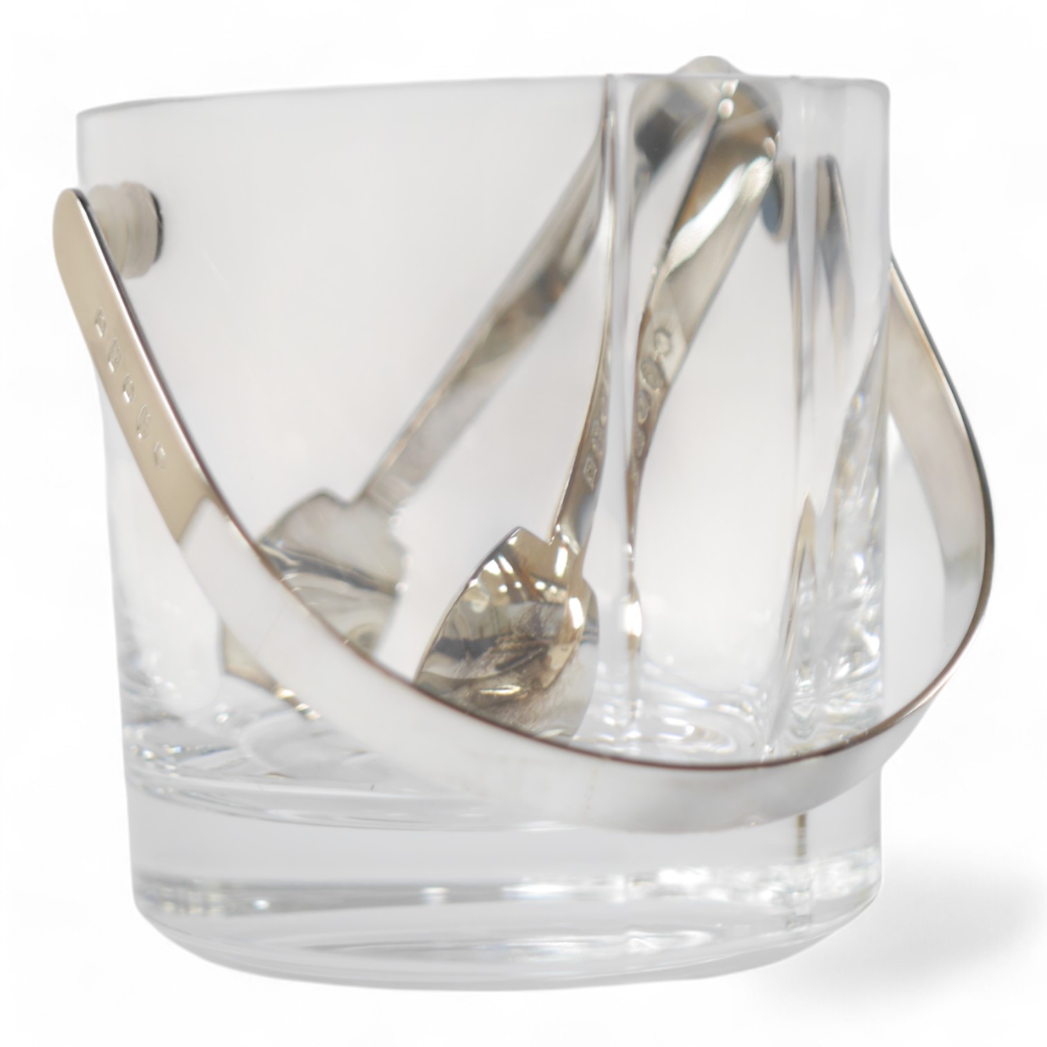 A modern silver handled glass ice bucket and a pair of silver tongs, by Carr's of Sheffield, Sheffield, 2002, height 12.4cm, Condition - good